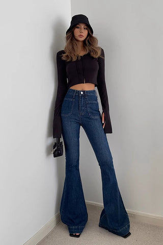 Slant Pocket Buckle Detail Flare Leg Jeans