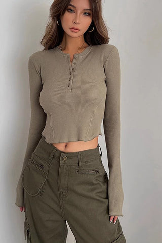 Ribbed Long Sleeve Crop Tops Shirt