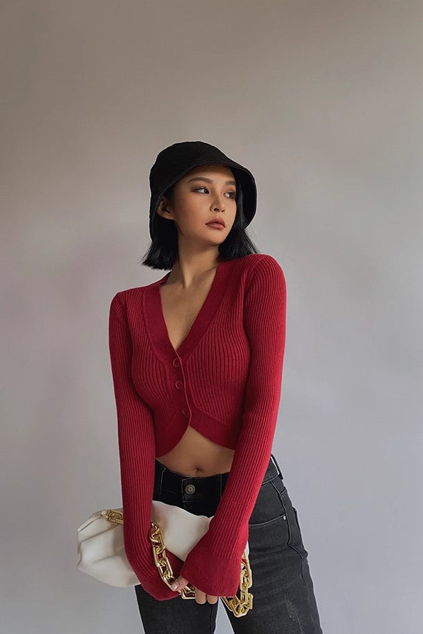 Rib-knit Buttoned Front Crop Sweater