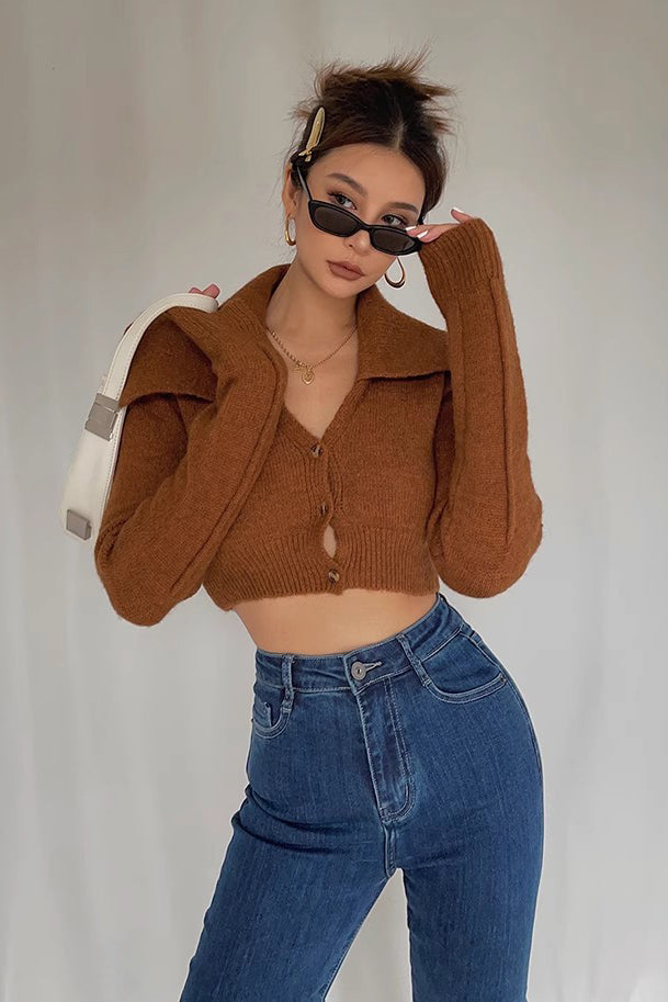 Lapel Neck Buttoned Front Crop Sweater