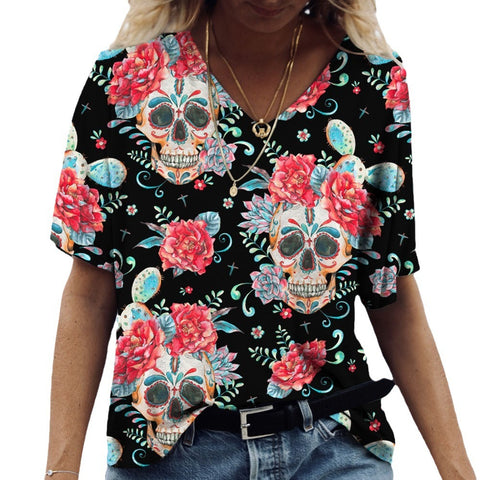 V-neck Skull Print Short-sleeved T-shirt