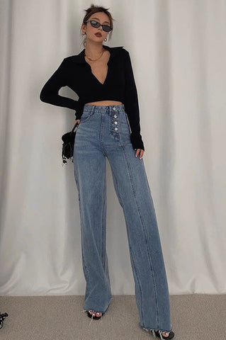 High Waist Buckle Detail Straight Leg Jeans