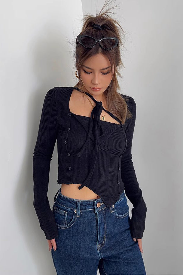 Asymmetrical Hem Rib-knit Sweater Tops Shirt