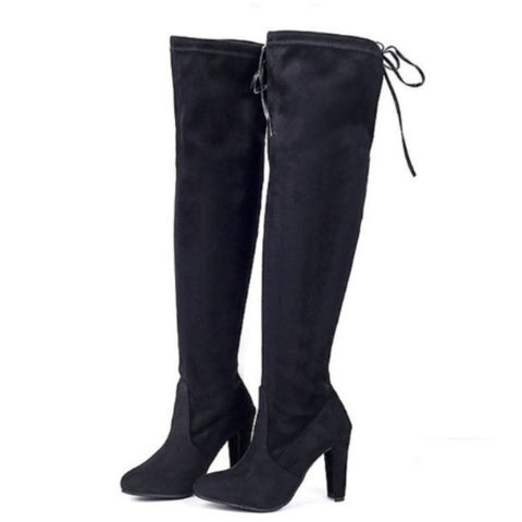 Lace Back Over The Knee Block Heeled Boots