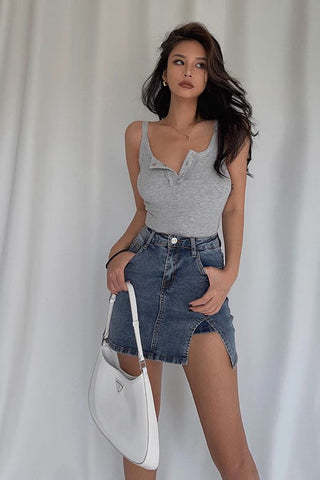 High Waist Split Hem Denim Skirt