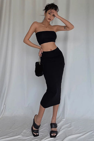 Outfit Crop Bandeau Tube Top und Bodycon Rock Zweiteiliges Set