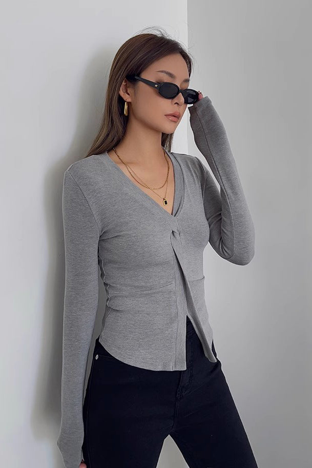 Long Sleeve Solid Tie Front Tops Shirt