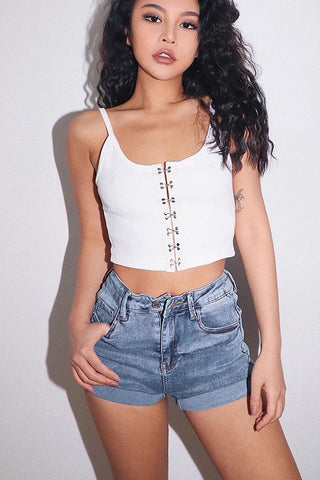 Nature High Waist Slant Pocket Denim Shorts