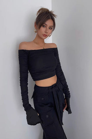 Off Shoulder Pleated Crop Tops Shirt