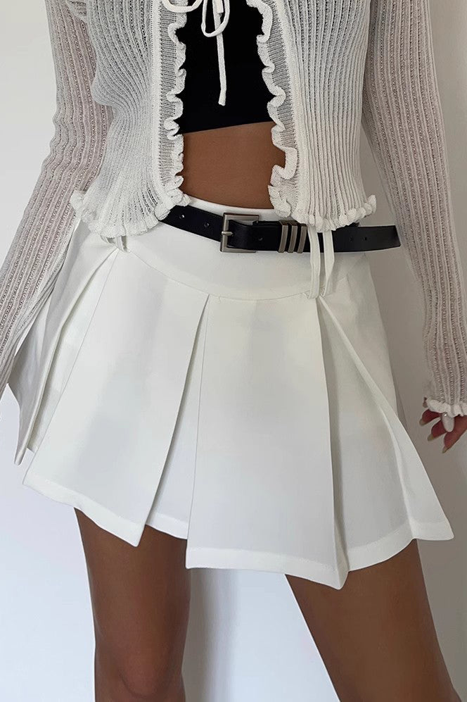 Solid A-Line Flared Hem Belted Skirt