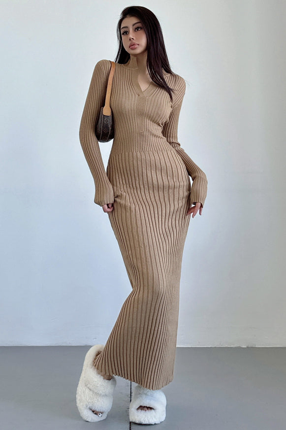 V-Neck Long Sleeve Knit Sweater Dress