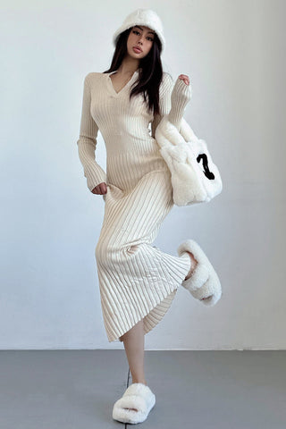 V-Neck Long Sleeve Knit Sweater Dress