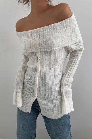 Off Shoulder Ruched Top Buttoned Front Sweater