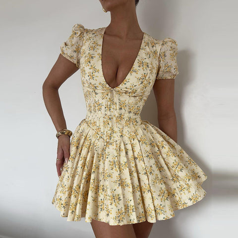 Vintage Floral Print Pleated Cotton Mini Dress