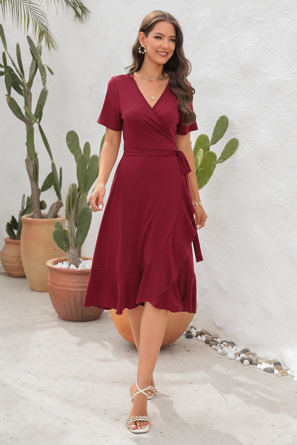 V-Neck Short Sleeve Irregular Maxi Dress