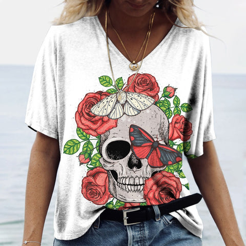 V-neck Skull Print Short-sleeved T-shirt