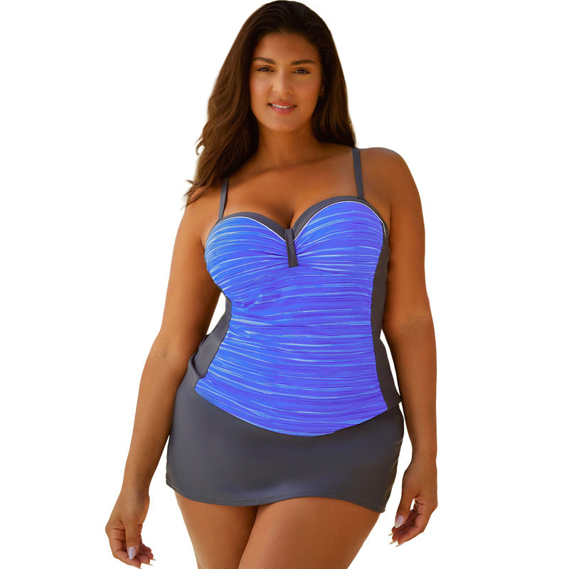 Ensemble tankini bandeau violet à blocs de couleurs et jupe-short noire