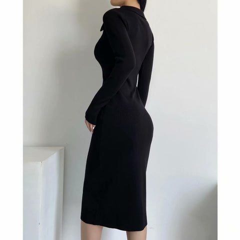 Solid Buckle Backless Turndown Collar Pencil Skirt Dresses (Without Belt)