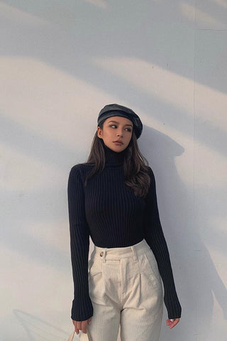 Solid Rib-knit Mock Neck Sweater