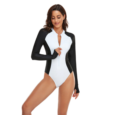 White Color Block Long Sleeve Zip Front Sport Rash Guard One-piece Swimsuit