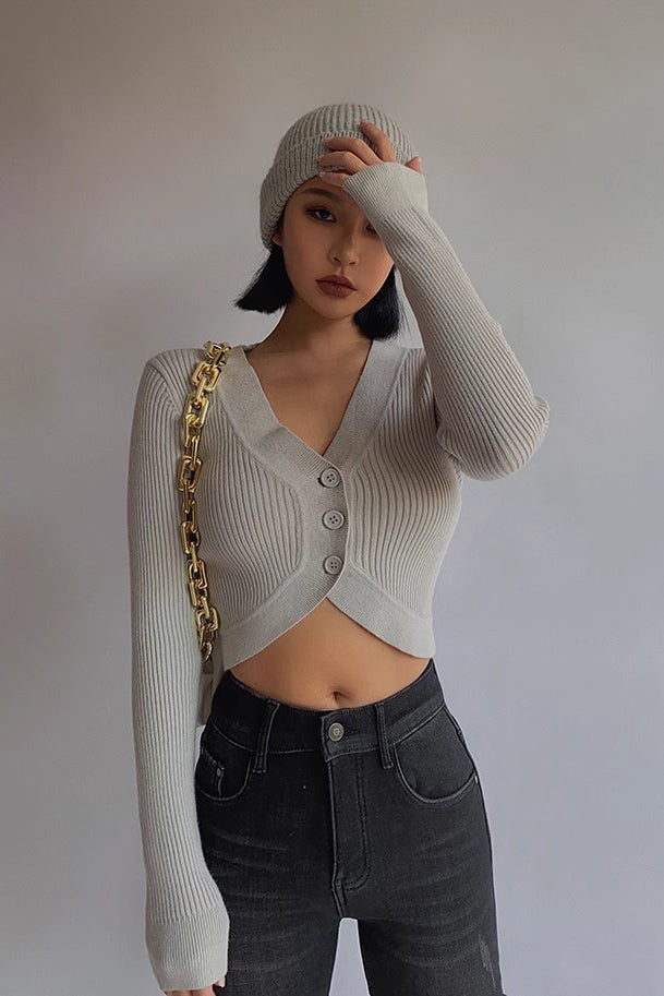 Rib-knit Buttoned Front Crop Sweater