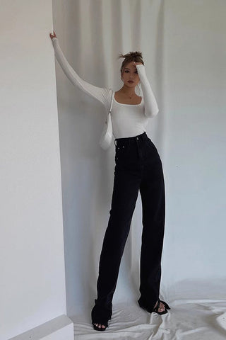 Nature High Waist Buckle Detail Straight Leg Jeans