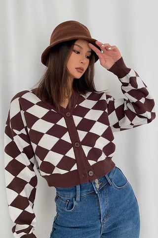 Diamond Pattern Open Front Button Down Outwear Coats