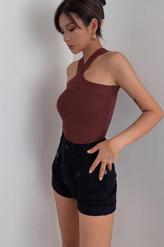 Rib-knit Crisscross Halter Crop Tank Top