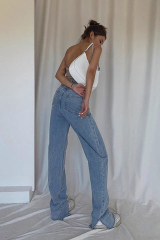 Split Slant Pocket Straight Leg Jeans