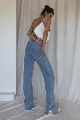 Nature High Waist Buckle Detail Straight Leg Jeans