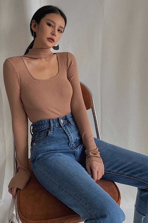 Ribbed Long Sleeve Cut Out Tops Shirt