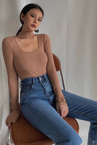 Ribbed Long Sleeve Cut Out Tops Shirt