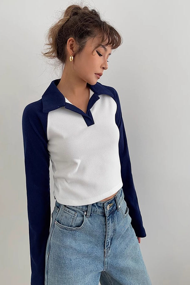 Contrast Lapel Neck Sweatshirt Tops Shirt