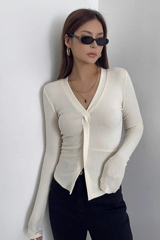 Long Sleeve Solid Tie Front Tops Shirt