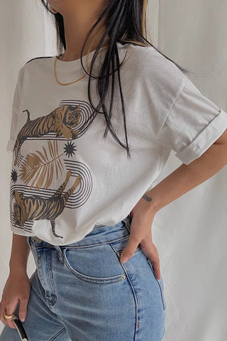 Tiger Print Short Sleeve Crew Neck Shirt Tops