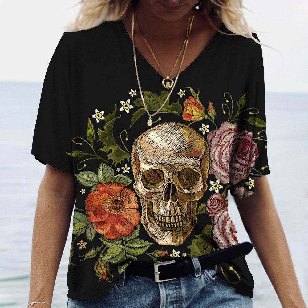 V-neck Skull Print Short-sleeved T-shirt