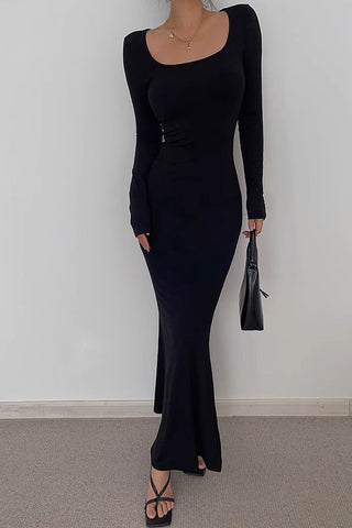 Solid Scoop Neck Flared Hem Bodycon Dress