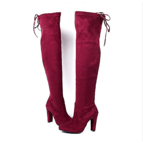 Lace Back Over The Knee Block Heeled Boots