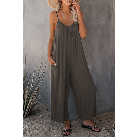 Solid Patchwork Spaghetti Strap Loose Jumpsuits