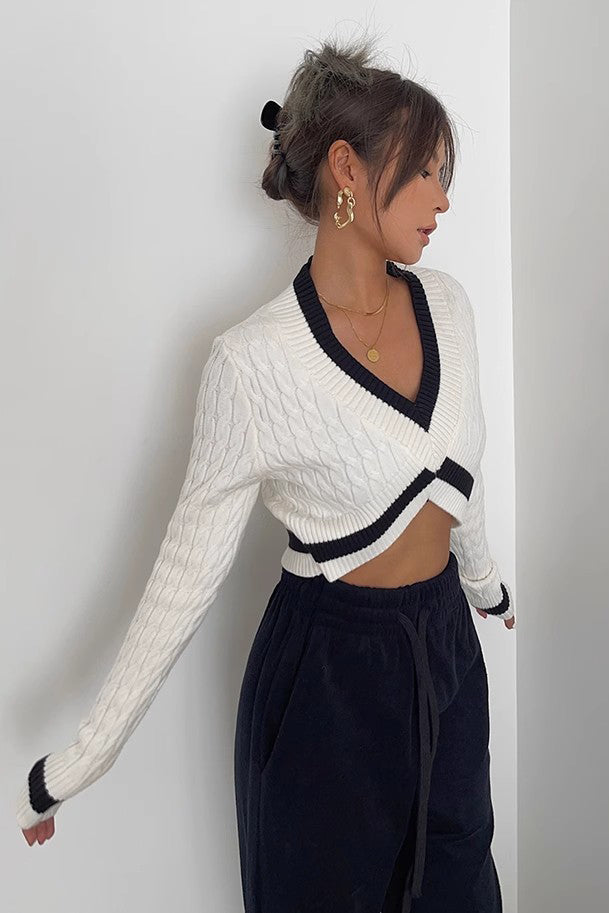 Contrast Cable Knit Crop Sweater