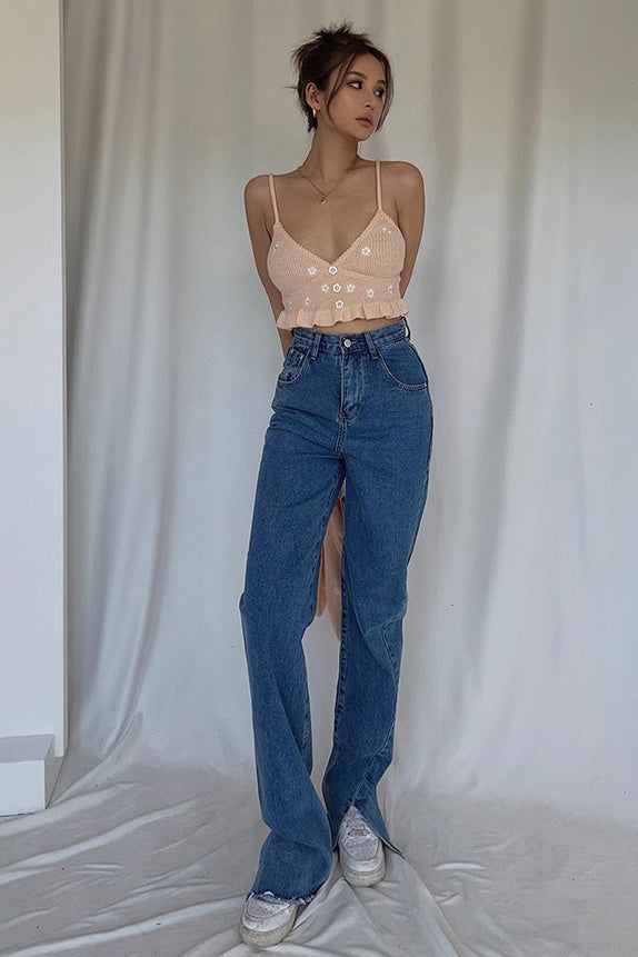 Nature High Waist Buckle Detail Straight Leg Jeans