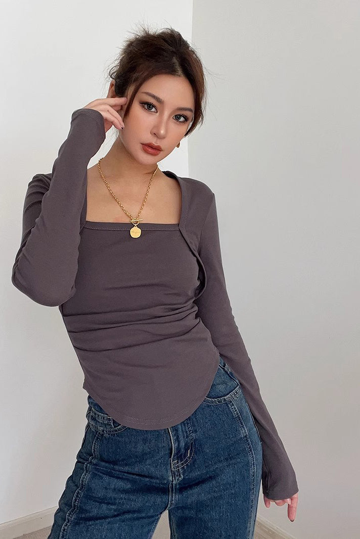 Long Sleeve Scoop Neck Tops Fitted Cut Out T-Shirt