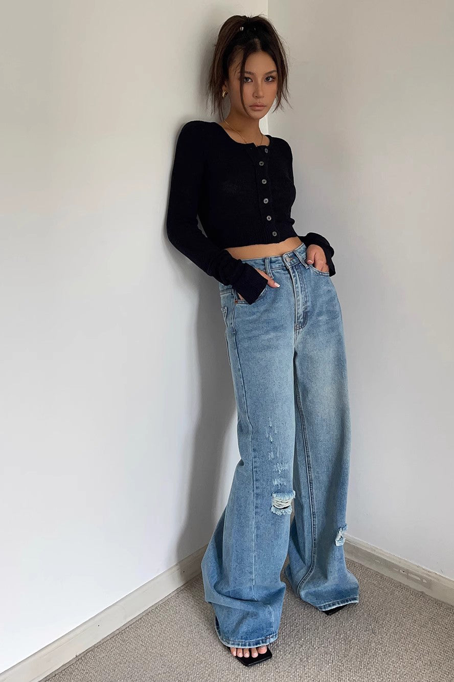 Ripped Wide Leg Slant Pocket Jeans