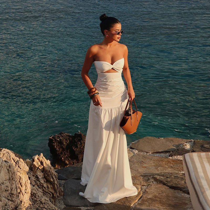 Beach style holiday tube top hollow dress