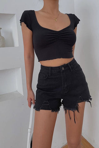 Ripped Pocket Side Denim Shorts