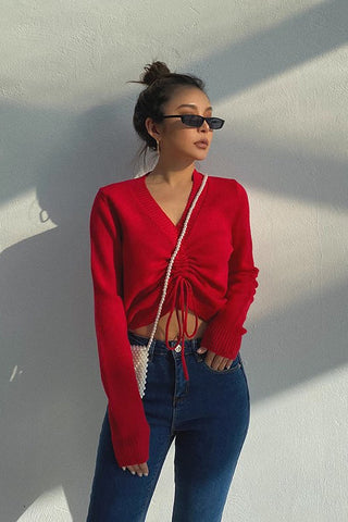 Vintage Drawstring V Neck Sweater