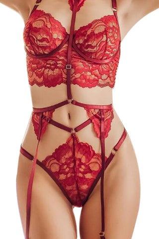 Floral Sheer Lace Strappy Lingerie Set