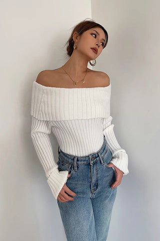 Off Shoulder Rib-Knit Sweater