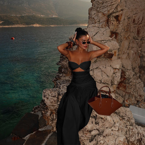 Beach style holiday tube top hollow dress