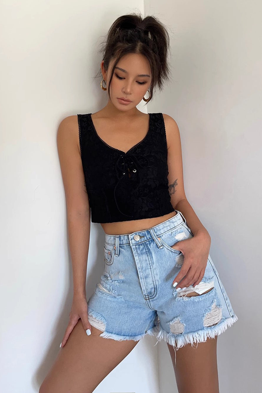 Sleeveless Embroidery Lace Up Front Crop Tank Top